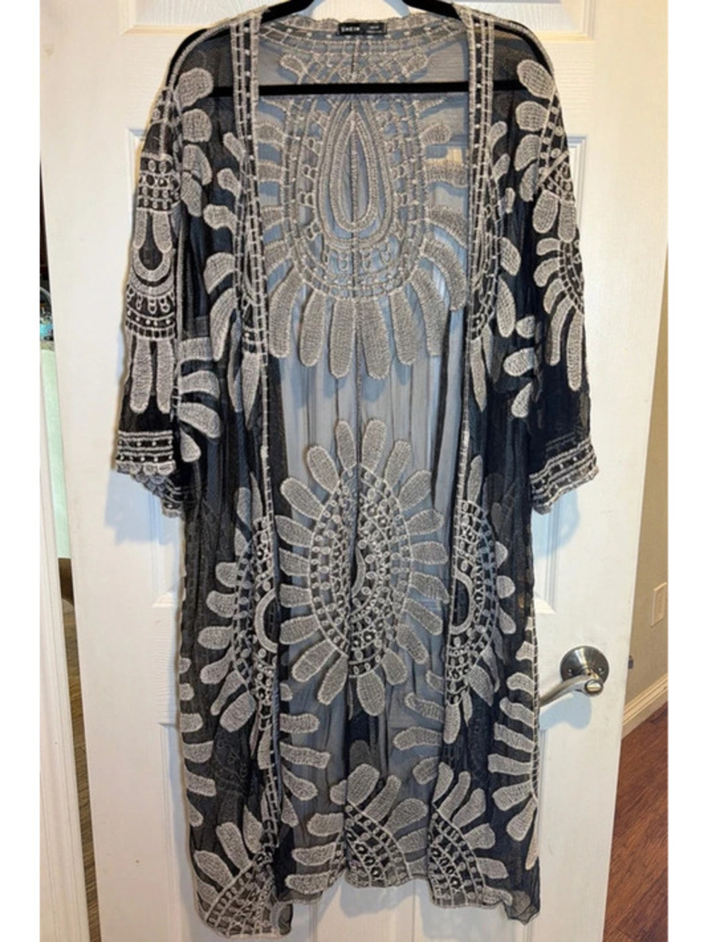 SHEIN Black & White Embroidered Lace Kimono Duster One Size